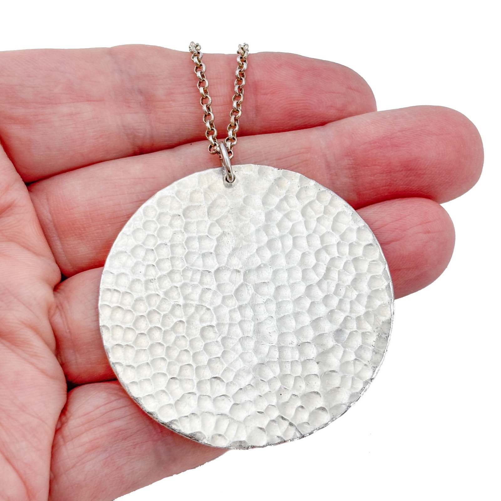 Vintage Sterling Silver 925 Hammered Disc Pendant Necklace 30"